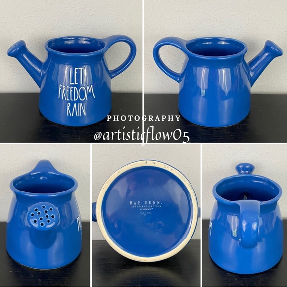 NEW! Rae Dunn Let Freedom Rain Blue Ceramic Watering Can - Picture 6 of 6